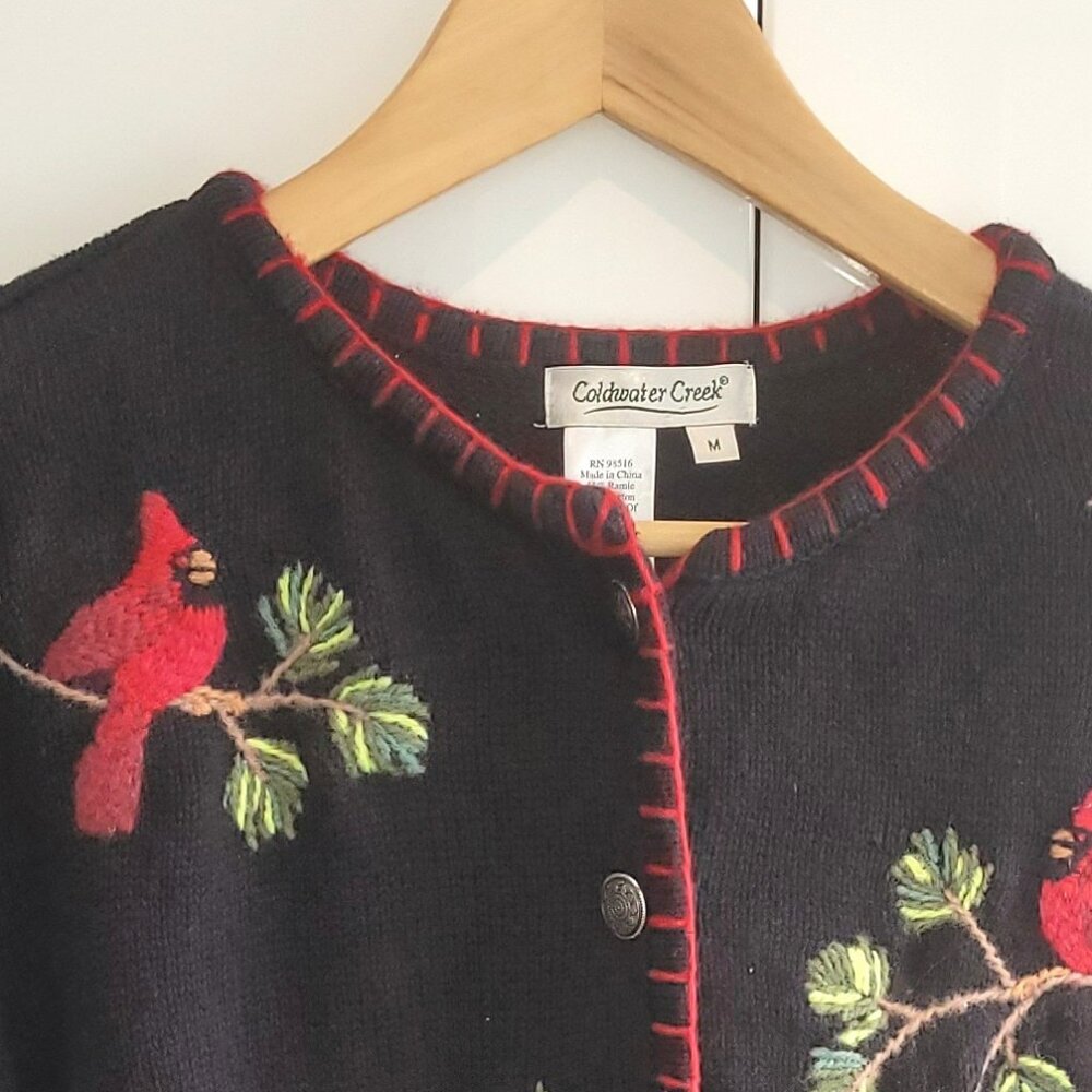 Coldwater Creek Embroidered Cardinal/Bird Cotton Cottagecore Cardigan Size M - Picture 2 of 10